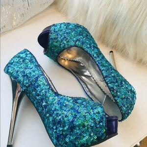 Deb Turquoise Sequin Peep-Toe Heels